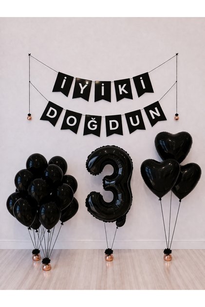 Happy Birthday Black Silver Balloon Set -3-
