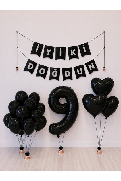 Happy Birthday Black Silver Balloon Set -9-