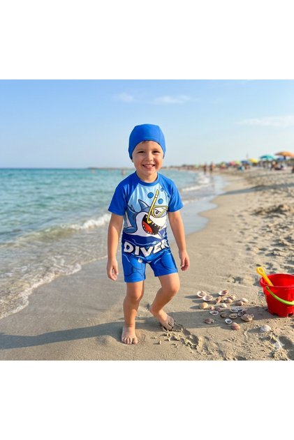 Boys' Short Sleeve One-Piece Swimsuit - Bone Set / Upf 50 Sun Protection Shark Print