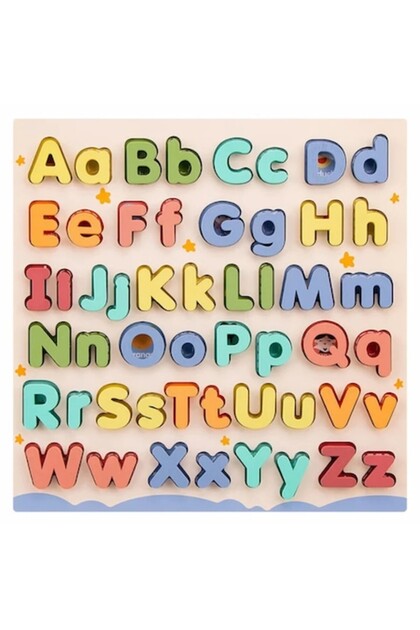 ® Puzzle din lemn cu alfabetul pentru copii - Litere majuscule și minuscule cu cuvinte în limba engleză, 3+ ani
