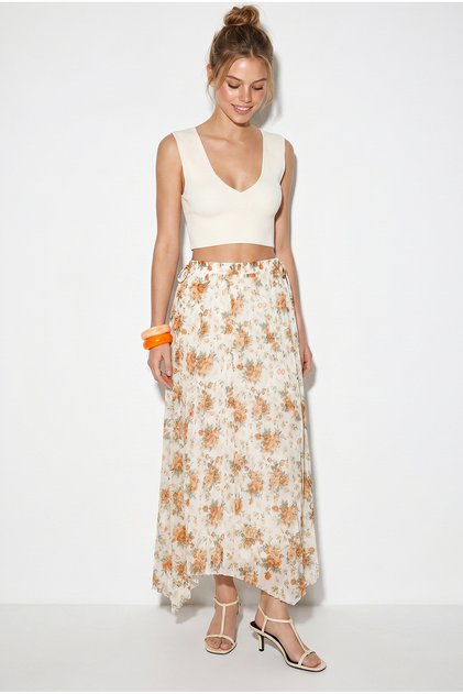 Women's Orange Lined Elastic Waist Floral Pattern Asymmetrical Cut Crush Effect Chiffon Skirt De261070 60286229
