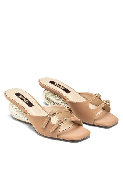 Women's Special Heeled Shiny Surface Buckle Closed Toe Evening Dress Slippers 21115