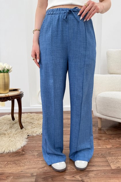 Women's Blue High Waist Elastic Waist Wide Leg Relaxed Cut Summer Sofia Linen Palazzo Trousers