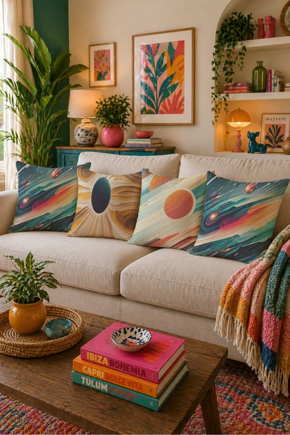Turquoise Orange Galaxy and Planet Patterned Modern Double-Sided Set of 4 Cushion Covers 43X43 cm