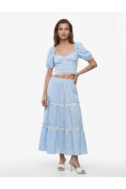 Bürümcük Fabric Lace Detailed Bell Cut Layered Gingham Midi Skirt