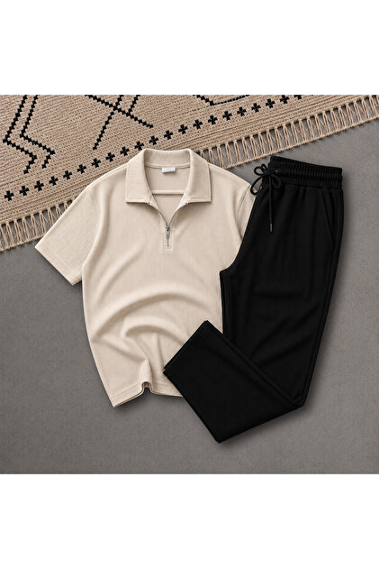 New Season Premium Fabric Ribbed Ottoman Summer Zippered T-Shirt and Sweatpants 2-Piece Set