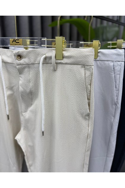 Erkek Premium Gofre Dokulu Çizgili İpli Keten Pantolon