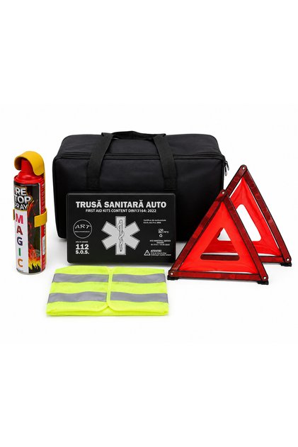 Kit auto obligatoriu complet 5-în-1, Valabil timp de 5 ani, Trusă de prim ajutor + 2 triunghiuri de avertizare E11 + Vestă reflectorizantă XXL + 1 stingător de incendiu + Geantă de depozitare