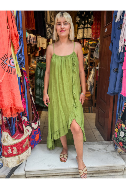 Green Color Thin Strap Ruffle Italian Linen Dress