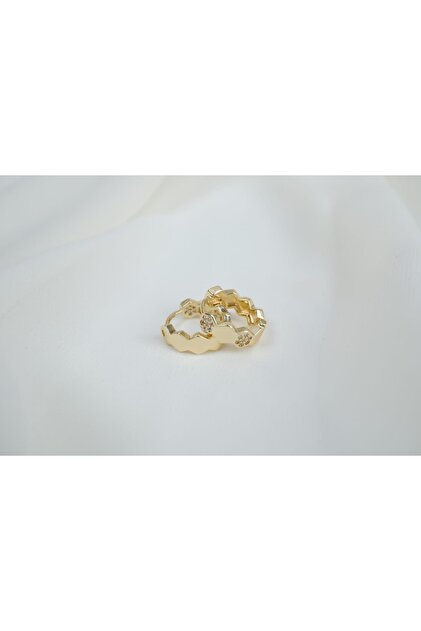Kp424 Petek Figured Stone Detail Gold Earrings (Inner Diameter 10mm & Length 15mm)