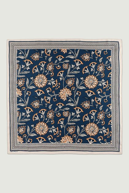 Lacivert Retro Floral Desenli İpek Eşarp