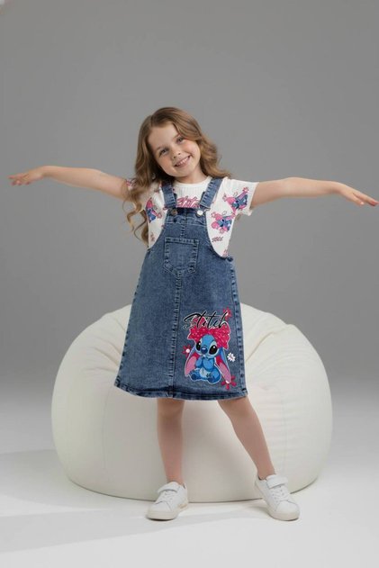 Girl's Printed T-Shirt - Skirted Denim Salopet Set