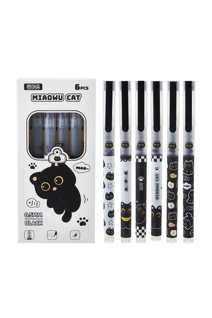 black 6pcs 6pcs Cute Cat Liquid Gel Pens, Fast Drying Anti-Fading Smooth Writing, Ideal for Students