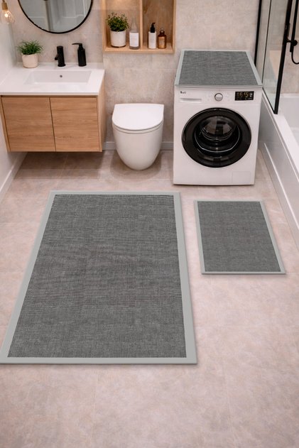 Kaymaz Tabanlı Dijital Baskılı 3’lü Banyo Paspas Seti – Çamaşır Makinesi, Klozet ve Banyo Halısı