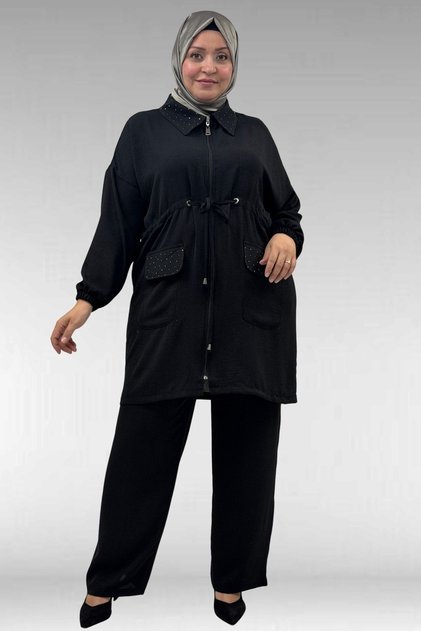 67047 Plus Size Suit with Stone Detail on Collar and Pockets and Pants - Black