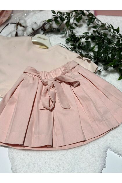Girl's Blouse & Skirt 2-Piece Set - 100% Natural Cotton - Powder