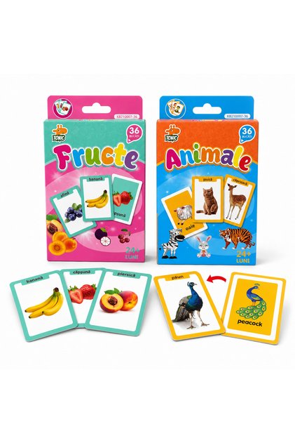 Set carduri cognitive pentru copii, Animale si Fructe, 72 cartonase bilingve romana-engleza, 2 ani+