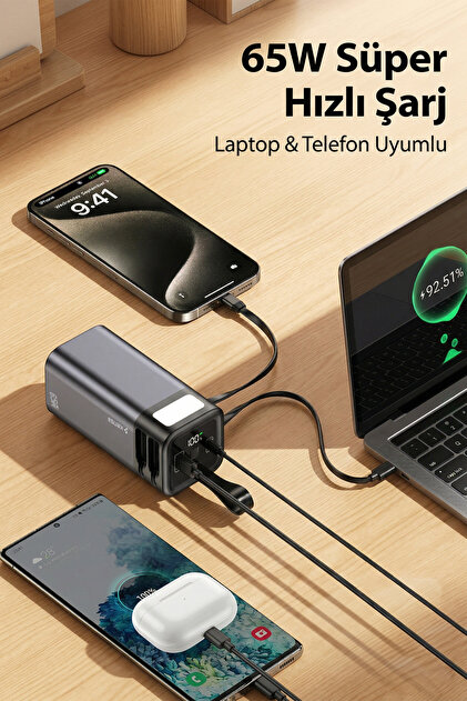 Kensa 65W PD Süper Hızlı 20.000mAh Dahili Kablolu Taşınabilir