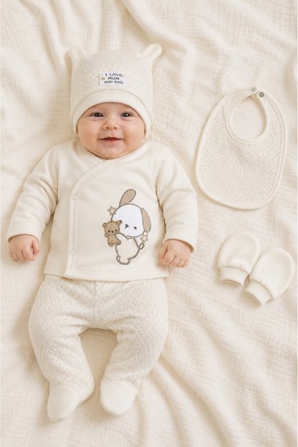 Set bebe unisex 5 piese crem cu catelus, bavetica si caciulita din bumbac