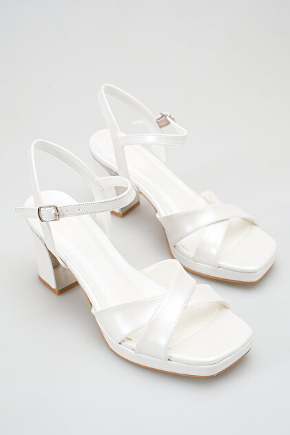 Rella White Platform Block Heel Bridal Shoes – Ankle-Length Buckled Stylish Evening Dress Wedding Sandals I