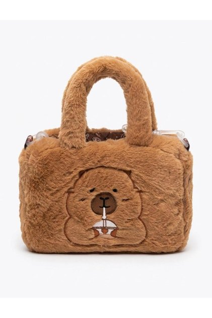 Kapibara Tasarımlı Kahverengi Peluş Mini Kol Çantası