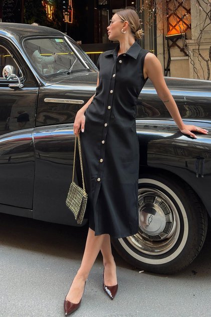 Black Vio Polo Collar Zero Sleeve Waist Draped Buttoned Women's Midi Dress