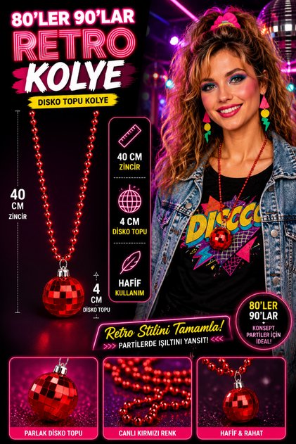 Retro Disko Topu Kolye – 80’ler 90’lar Konsept Parti Aksesuarı Kırmızı Disco Top Kolye 40 CM