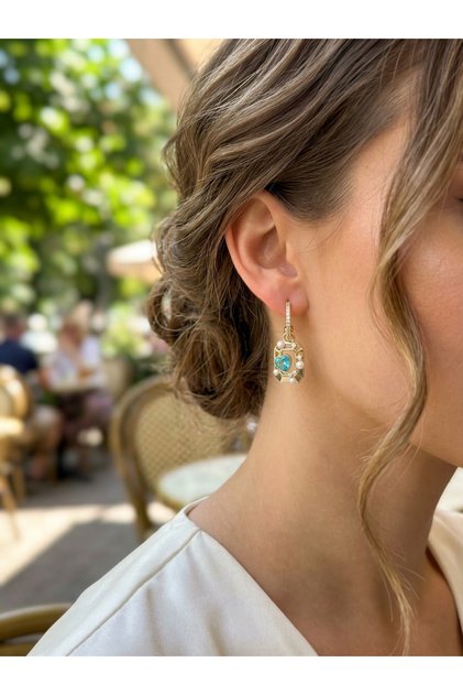 Turquoise Heart Zircon Stone Pearl Detailed Dangle Earrings, Xuping