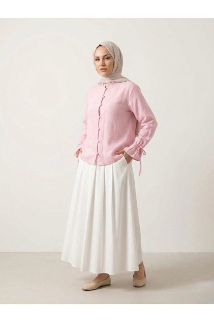 Sleeve Tunnel Collar Ruffle Tunic-Pink