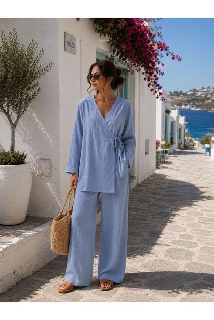 Women's Baby Blue Double-Breasted Tie-Detail Trouser Suit