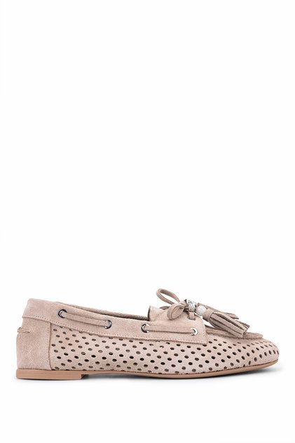 Women's Genuine Leather Beige Suede Loafer Shoes