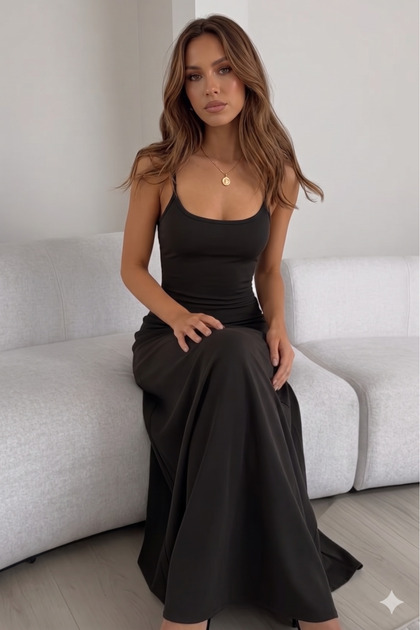 flowy black maxi dress Viyamo New Season Women's Sandy Fabric Rope Strap Round Neck - Timeless Elegance Series Silk Size:40W X 32L Right On Time Polka cocktail parties |44546396815590_INT:0|