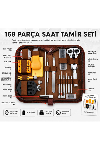 TİCARO 168 Parça Saat Tamir Seti Kordon Kısaltma Kapak Açma Pil