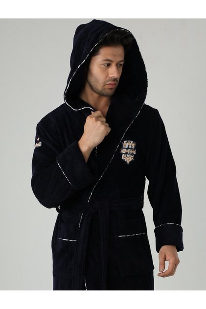 Men's Hooded Commander Embroidered Bamboo Cotton Soft Absorbent Luxury Bathrobe