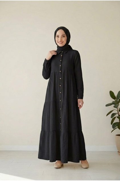Black Women's 100% Cotton Muslin Fabric Dress Buttoned Shirt Collar Long Hijab Dress Anti-Sweat Summer Dress