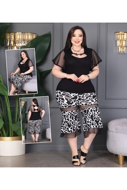 Plus Size Tulle Detailed Lycra Double Set