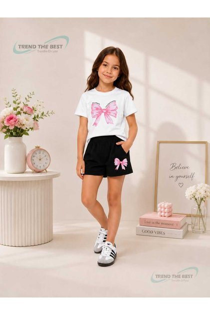Summer Pink Big Ribbon Printed Girls' Black Shorts and White T-Shirt Set