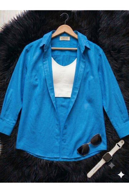 Women's Oversize Cut Woven Linen Long Sleeve Cobalt Blue Shirt 100% Cotton