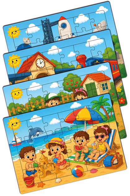 Minikler Discovery Series 5/5 Wooden 4-Piece Puzzle Set (Beach-Vegetable Garden-Railway Station-Space Center)