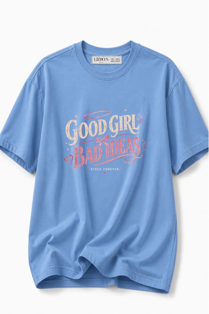 Women's Good Girl Printed Oversize 100% Cotton T-Shirt Comfortable Fit T-Shirt - Blue