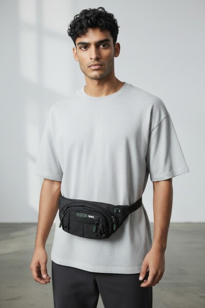 Men's Black-Green Color, Multi-Pocket, Water-Resistant Outdoor Crossbody-Breast-Waist Bag with Headphone Port