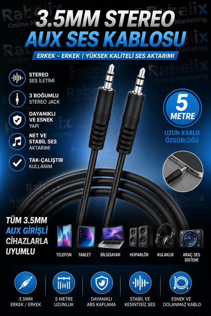 5 Metre 3.5mm Erkek Erkek Stereo AUX Ses Kablosu Siyah Telefon Tablet Araç ve Hoparlör Uyumlu