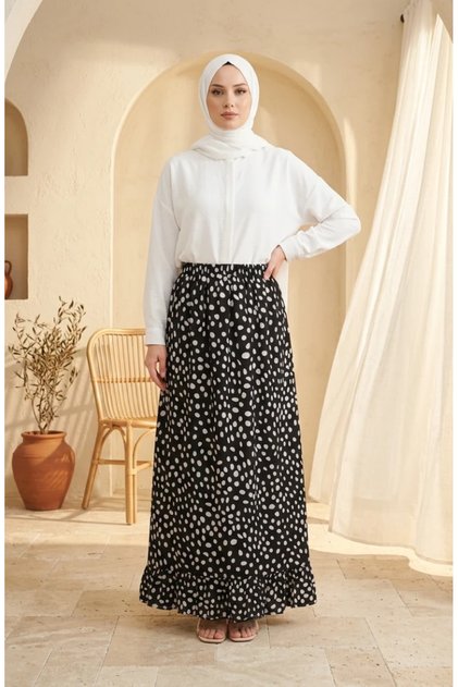 Elastic Waist Polka Dot Patterned Skirt 0316-02 Black
