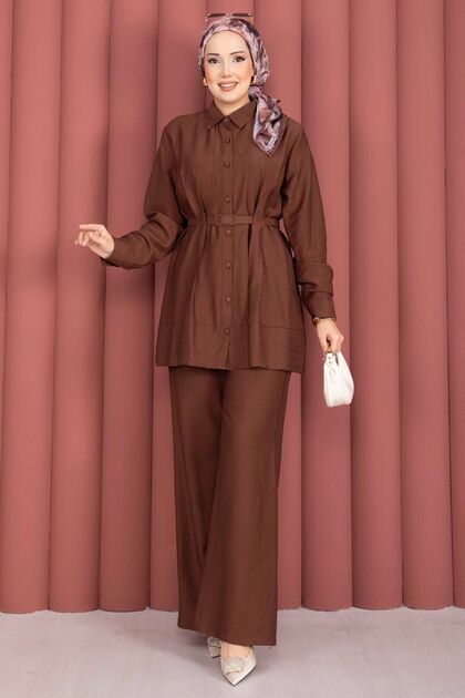 Belted Tunic Trousers Double Set Brown