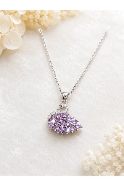 Lilac Stone Swan Figured Women's Necklace – Elegant and Sparkling Stylish Design