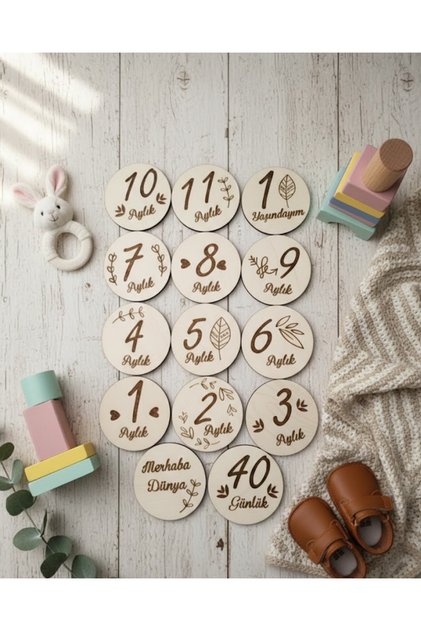 14 Piece Laser Engraved Baby Monthly Photo Cards - Wooden Baby Development Card Set - Newborn Memory Plaques