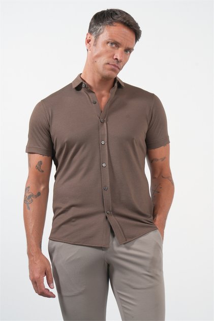 Brown Italian Collar Short Sleeve Pocketless Slim Fit Cotton Shirt 1004260158