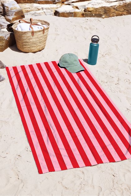 Striped Pink Red Beach Towel Coverlet - Modern Mediterranean Style Quick-Dry Microfiber Towel Coverlet