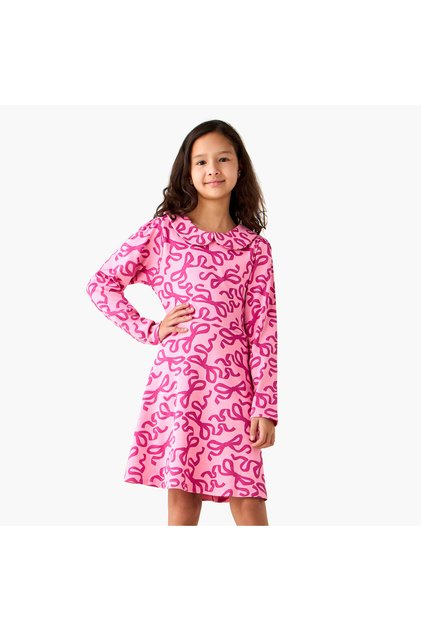 Peter Pan Collar Long Sleeves A-Line Dress with Bow Print