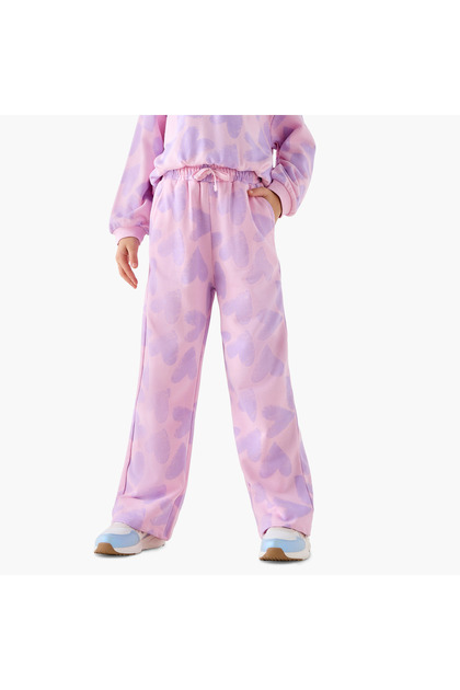 Girls Track Pants with Heart Print - Cotton - Elasticated Drawstring